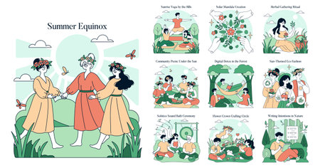 Summer Equinox illustration captures seasonal celebrations and community activities. It features yoga, herbal gathering, picnics, and creative crafts amidst natures beauty.のイラスト素材