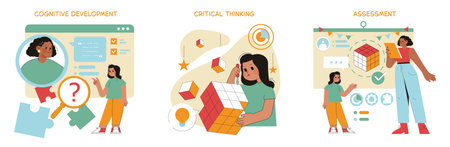 Preschool education illustration focusing on cognitive development, critical thinking, and assessment. It highlights the importance of engaging children in learning processes, enhancing their skills and understanding.のイラスト素材