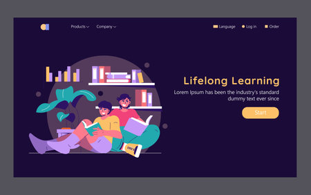 Future of Work concept. Lifelong learning depicted with individuals engaged in reading together. Highlights the importance of continuous education and collaboration in a modern environment. Vector illustration.のイラスト素材