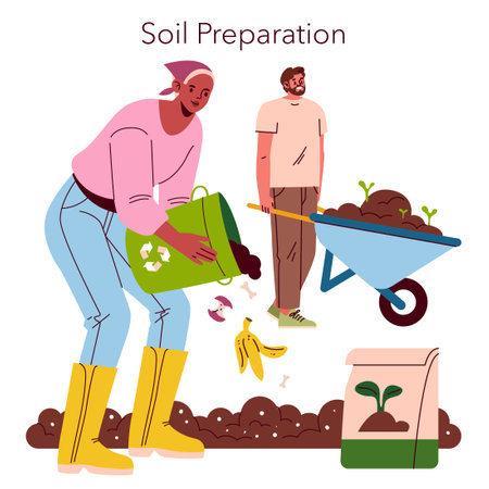 Self-sufficient garden preparation emphasizes the importance of soil health. Two individuals engage in activities such as composting and soil enrichment to cultivate sustainable gardening practices. Vector illustration.のイラスト素材