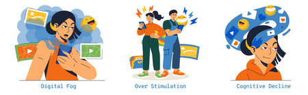 Brain rot represents how excessive digital engagement leads to cognitive fatigue and overwhelm. The effects range from digital fog to cognitive decline, illustrating modern mental challenges in a tech-driven world. Vector illustration.のイラスト素材