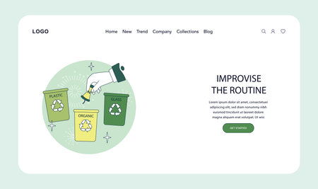 Vector illustration depicting waste segregation with a hand holding a bottle over recycling bins labeled plastic, organic, and glass. Encourages routine improvisation in recycling habits.のイラスト素材