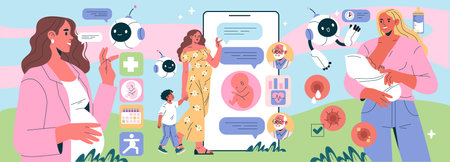 AI Pregnancy Counselor illustration. This artwork portrays the integration of artificial intelligence in pregnancy guidance. It emphasizes support, technology, and valuable advice for expecting mothers. Vector illustration.のイラスト素材