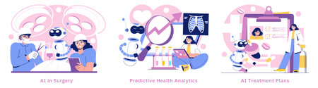 AI in Medicine set. Integration of artificial intelligence in healthcare processes. Innovations in surgery, predictive analytics, and personalized treatment plans enhance patient care and outcomes. Vector illustration.のイラスト素材