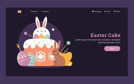 Easter concept. Cute vector illustration design for festive website banner featuring decorated cake,...