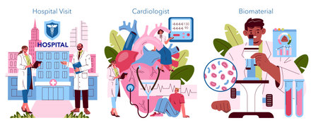 Vector illustration depicting a hospital visit with doctors discussing outside, a cardiologist examining heart health, and a scientist analyzing biomaterial under a microscope.のイラスト素材
