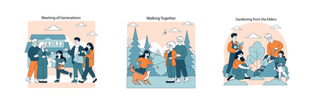 Family bonding across generations illustrated through home visits, nature walks, and garden...