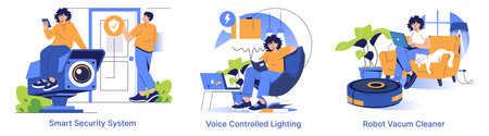 Vector illustration of smart home technology featuring a security system with a camera, voice-controlled lighting, and a robot vacuum cleaner, highlighting smart lifestyle elements.のイラスト素材