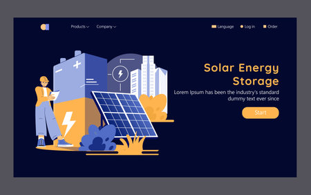Solar power storage illustration highlights the importance of renewable energy solutions. A technician engages with solar technology amidst city infrastructure. Promotes sustainable energy practices. Vector illustration.のイラスト素材
