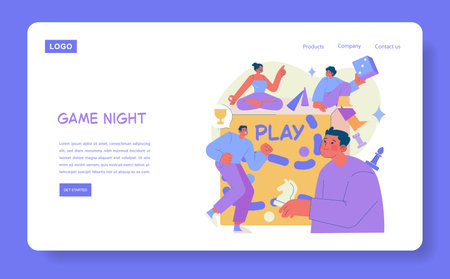 Vector illustration depicting a lively game night scene with animated characters engaging in playful activities. Various board game elements create a fun and energetic atmosphere.のイラスト素材