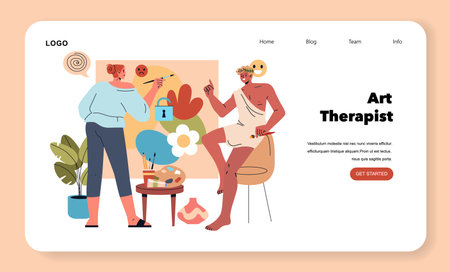 Art therapy concept illustration. Showcasing a therapist guiding a client through creative expression using art as a therapeutic tool. Reflects emotional growth and self-discovery through creativity. Vector illustration.のイラスト素材