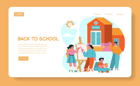 Children gather outside a colorful school building. They engage in a lively interaction, holding art supplies. The vector illustration captures a cheerful school atmosphere.のイラスト素材