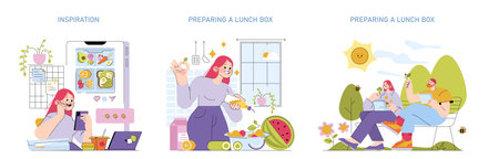 Vector illustration of a person gathering lunch box ideas from a smartphone, preparing healthy meals in the kitchen, and enjoying a meal outdoors with a companion. Relaxed and joyful atmosphere.のイラスト素材