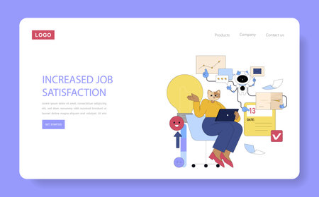 AI assistant in a work context promoting increased job satisfaction. Features a user engaging with an AI, showcasing tools that enhance productivity and well-being in the workplace. Vector illustration.のイラスト素材