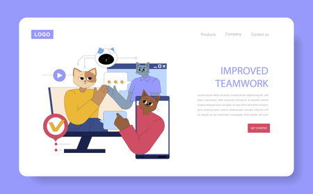 AI Assistant for Work combines teamwork and technology for enhanced productivity. Collaborative characters illustrate engagement, showcasing tools that streamline communication and work processes effectively. Vector illustration.のイラスト素材