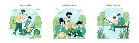 Dad and the kids set. Family sharing outdoor activities together. Riding bikes in the park, enjoying ice cream on a picnic, and fishing by the lake on a sunny day. Vector illustration.のイラスト素材