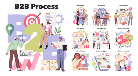 Vector illustration depicting various stages of the B2B process, including networking, negotiation, contract signing, and more, highlighting teamwork and collaboration in business operations.のイラスト素材