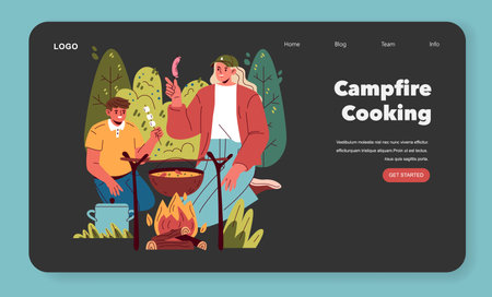 Family camping scene featuring a joyful couple cooking over a campfire. The setting highlights outdoor activities and emphasizes the warmth and connection of shared moments in nature. Vector illustration.のイラスト素材