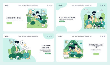 Dad And The Kids set. Family spending time together in different activities at home and outdoors. Morning hugs, enjoying ice cream, teaching a child, storytelling with kids and pets. Vector illustration.のイラスト素材