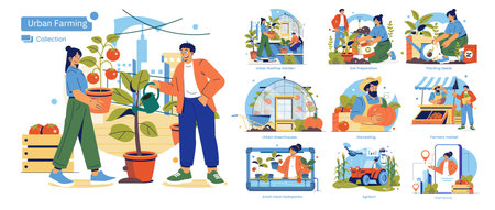 Urban farming activities showing individuals engaged in rooftop gardening, greenhouse care, and hydroponics. Vibrant vector illustrations capturing sustainable urban agriculture and community farming.のイラスト素材