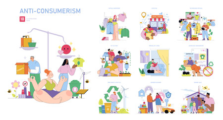 Vector illustration pack highlighting anti-consumerism. Includes themes like minimalism, conscious consumerism, and sustainable living with diverse activities and emotions.のイラスト素材