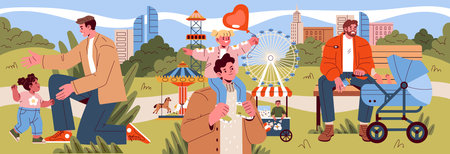 Fathers Day Out Vector Illustration. Showcasing a vibrant park scene where fathers bond with kids, from playing to caring for infants.のイラスト素材
