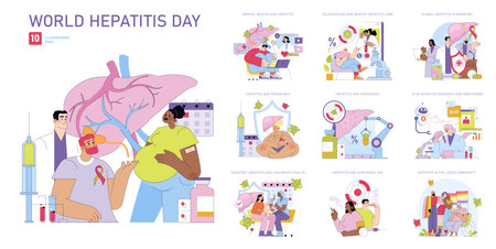 Vector illustration set highlighting World Hepatitis Day themes. Includes mental health, pregnancy, substance use, LGBTQ community, AI in diagnosis, and global elimination efforts.のイラスト素材