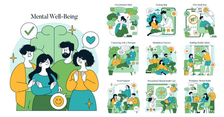 Vector illustration depicting mental well-being with supportive interactions. Scenes include therapy, mindfulness, healthy habits, and workplace mental health, promoting a balanced lifestyle.のイラスト素材