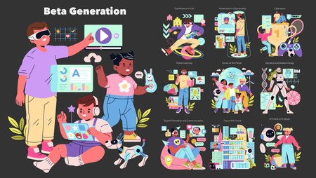 Beta Generation concept. Focuses on the digital-savvy youth navigating technology like hybrid learning, gamification, and AI companionship. Explores their future, communication, and creativity. Vector illustration.のイラスト素材