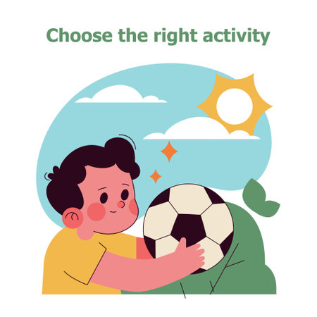 Children engage in sports to promote health and teamwork. The illustration captures a young child choosing soccer in a playful outdoor setting. Encourage activity, fun, and movement for preschoolers. Vector illustration.のイラスト素材