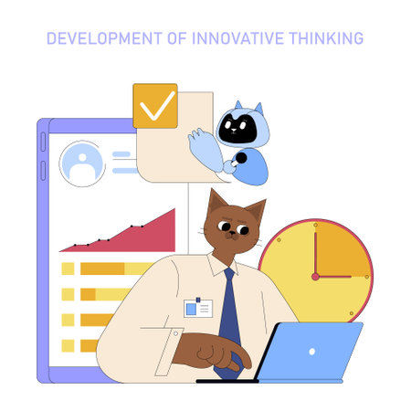 AI integration drives innovative thinking in the workplace, featuring a character engaged with technology, data analysis, and productivity tools. The illustration highlights modern work dynamics and creativity.のイラスト素材