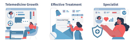 Vector illustration highlighting telemedicine growth, effective treatment methods, and specialist consultation. Includes digital prescription analysis and online interaction tools.のイラスト素材
