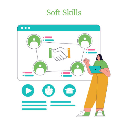 Online learning benefits from the development of soft skills through digital platforms. Collaboration and communication enhance engagement and learning experiences for users in various settings. Vector illustration.のイラスト素材