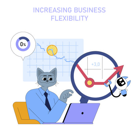 AI integration enhances adaptability in medium-sized businesses. The illustration displays a character analyzing data with advanced tools to drive efficiency and growth in operations. Vector illustration.のイラスト素材