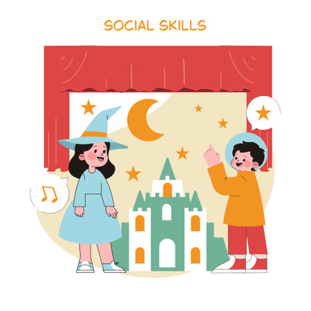 Preschool education concept. Children in costumes engage with a fairy tale castle display, illustrating teamwork and creativity.のイラスト素材