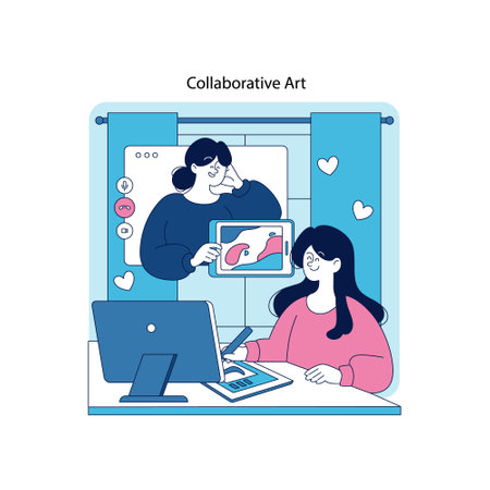 Vector illustration of a collaborative digital art session with two individuals engaging in creative work. They share artwork on a digital screen, expressing creativity and cooperation.のイラスト素材
