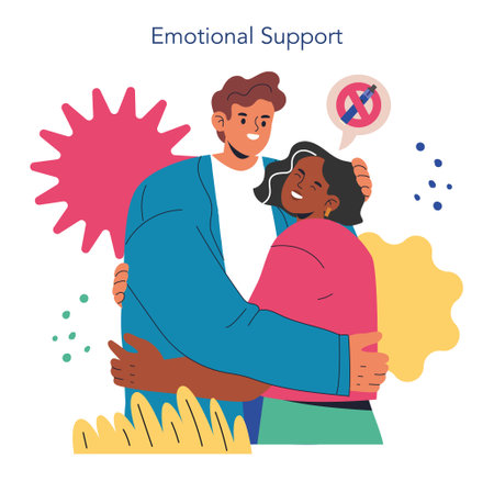 Stop smoking journey. Individuals embracing while symbolically rejecting smoking. A message of support and encouragement in overcoming challenges associated with quitting smoking. Vector illustration.のイラスト素材