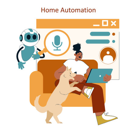 Home automation concept illustrated with a person using a laptop, guided by a friendly robot and accompanied by a dog. This scene highlights technology integration into daily life for comfort and convenience.のイラスト素材