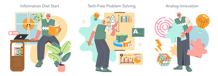 Digital Detox series. Elderly man engaging in activities like reading and using analog tools instead of digital devices, promoting mental health and creativity.のイラスト素材