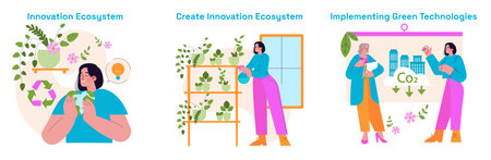 Megapolis Innovation Center focuses on fostering creativity and sustainable development. Activities include promoting ecological practices, engaging stakeholders, and implementing green technologies. Vector illustration.のイラスト素材