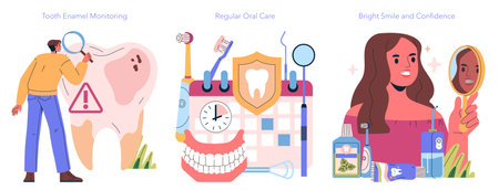 Vector illustration of oral health care illustrating tooth enamel monitoring, regular dental care, and confidence in a bright smile. Emphasizes the importance of dental hygiene.のイラスト素材