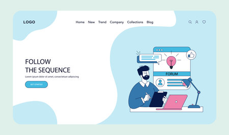Vector illustration of a man working on a digital forum. He is interacting with a laptop and tablet, surrounded by icons representing online communication and engagement.のイラスト素材