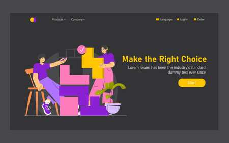 Intuitive operation illustration showcasing two individuals collaboratively assembling colorful blocks. This scene represents teamwork, decision-making, and an engaging user experience. Vector illustration.のイラスト素材