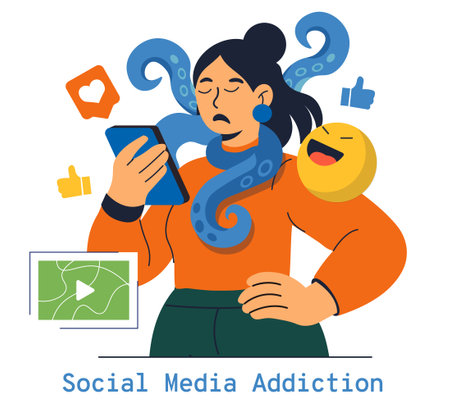 Brain Rot concept. This illustration captures the essence of social media addiction and its overwhelming influence on users. It depicts a person entangled in digital distractions, showcasing mind overload. Vector illustration.のイラスト素材
