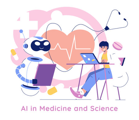 AI integration in medicine enhances research and patient care. This illustration depicts a friendly robot assisting a scientist at a desk, symbolizing collaboration in healthcare advancements and technology.のイラスト素材