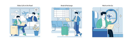 Vector illustration of business travel scenes. A person video calls with a laptop at the airport, enjoys a break with coffee, and works on the train. Focus on travel convenience.のイラスト素材