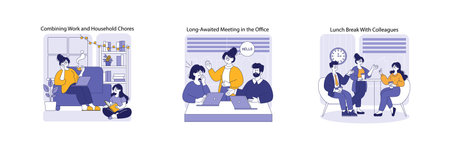 Hybrid work dynamics illustrated through three scenarios: balancing home tasks, collaborative meetings in the office, and social interactions during lunch breaks. A view on modern workplace culture.のイラスト素材