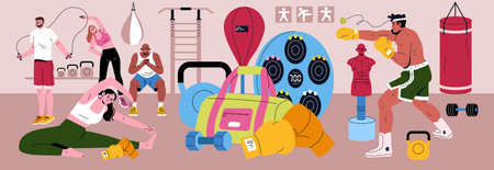 A vibrant and detailed illustration showcasing a variety of fitness activities and gym equipment in a lively settingのイラスト素材