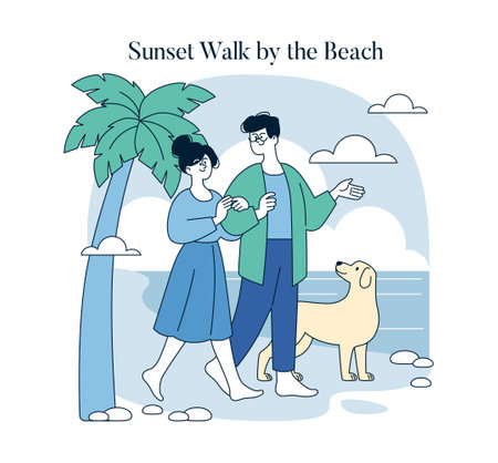Couple enjoying a sunset walk along the beach with their dog. The scene captures a serene moment, symbolizing connection, nature, and relaxation. Ideal for themes of love and tranquility. Vector illustration.のイラスト素材