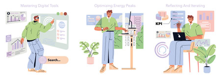 Tomorrow Work set. Workplace innovation, automation, digital tool adoption, data tracking, energy use optimization, and progress review seen in modern office. Vector illustration.のイラスト素材